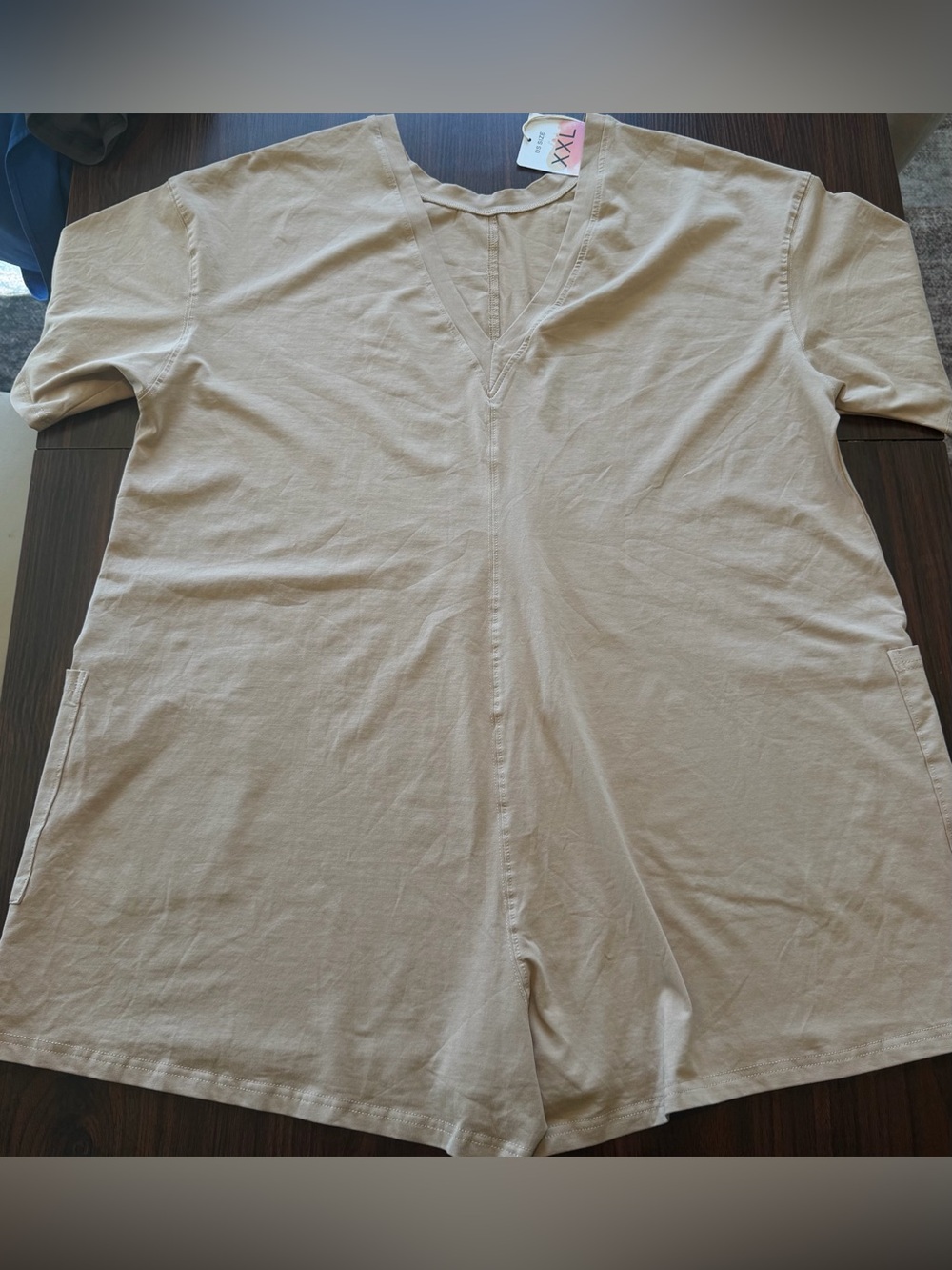 XXL/2X V-Neck Short Sleeve Tan Romper